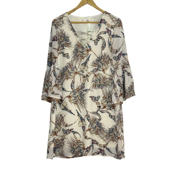Fab'rik Transitional Dress in Cream and Floral Print and Lace-up V-neck - Picture 1 of 3